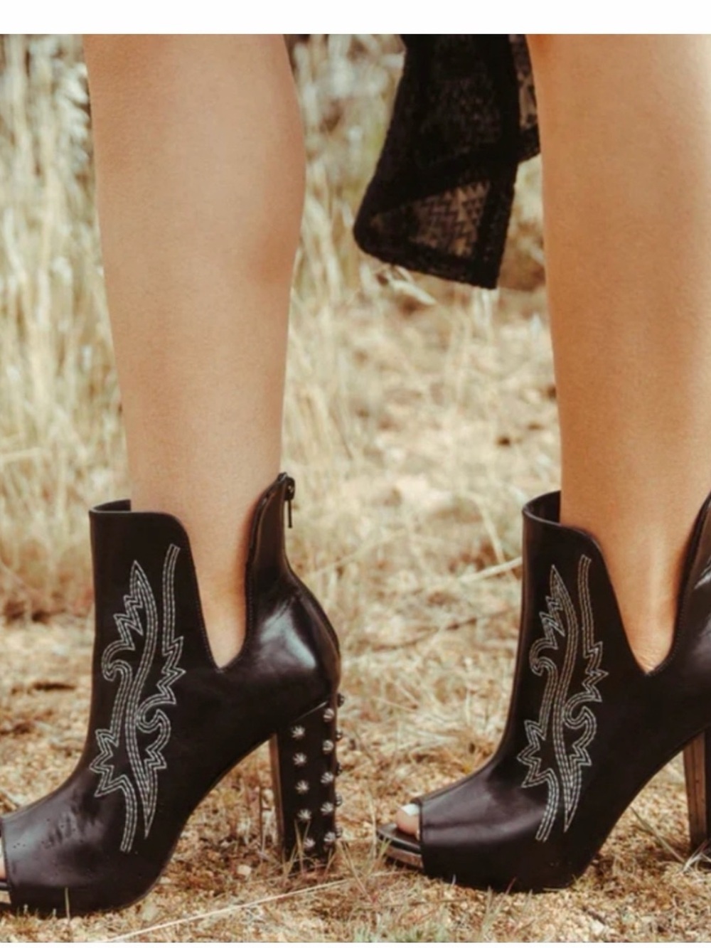 Black Embellished Peep-Toe Western Ankle Boots